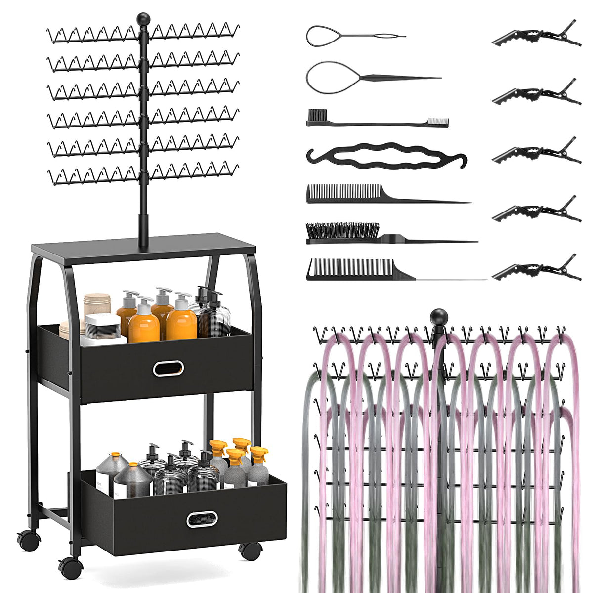 XINTUO braiding hair rack with wheels enables mobile salon organization.