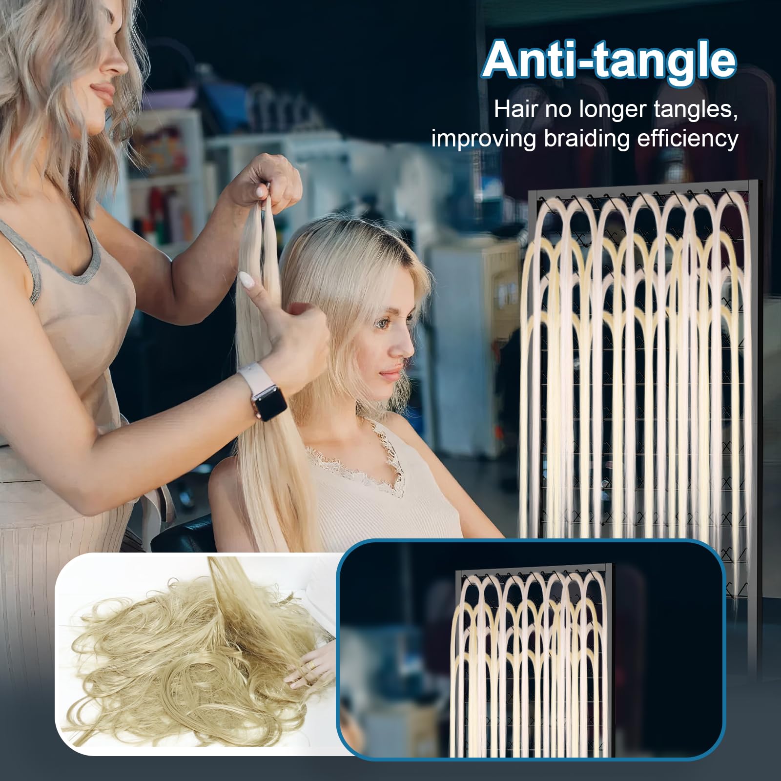 XINTUO braiding hair rack with storage drawers keeps tools within reach.