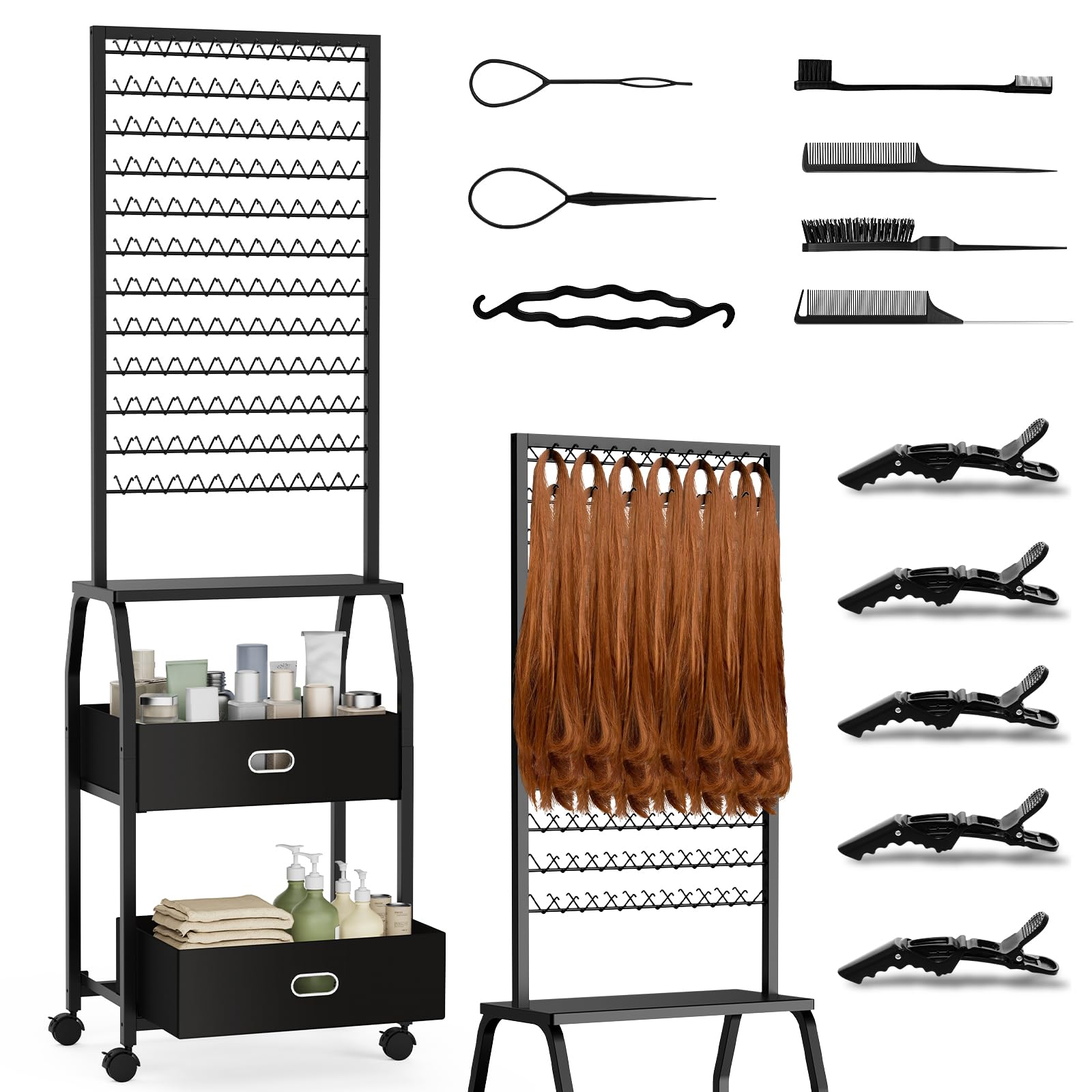 XINTUO portable braiding hair rack stand with wheels for easy repositioning during sessions.