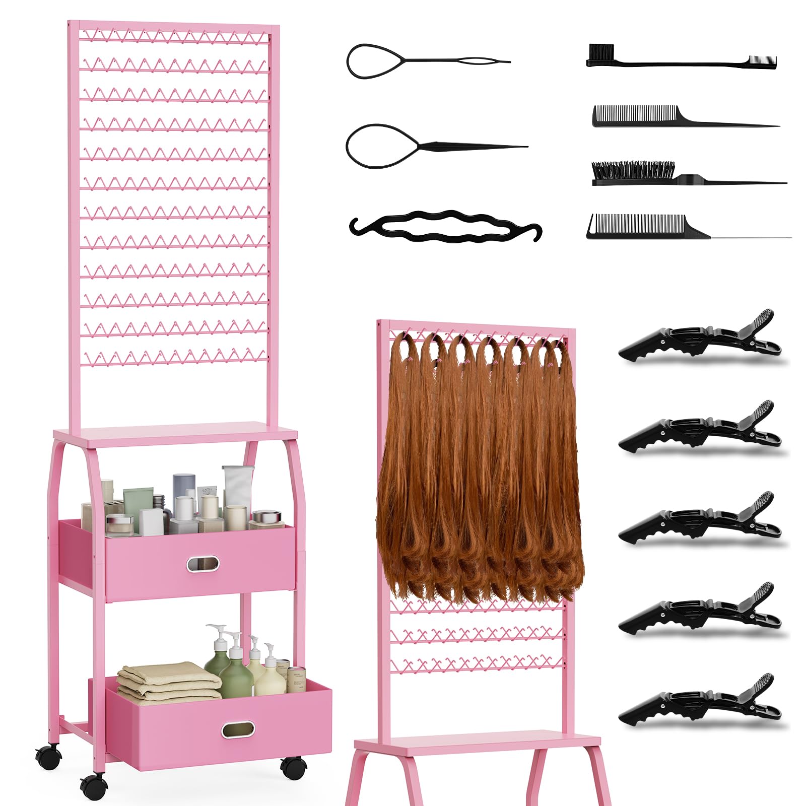 XINTUO braiding stand with wheels in pink, mobile salon setup.