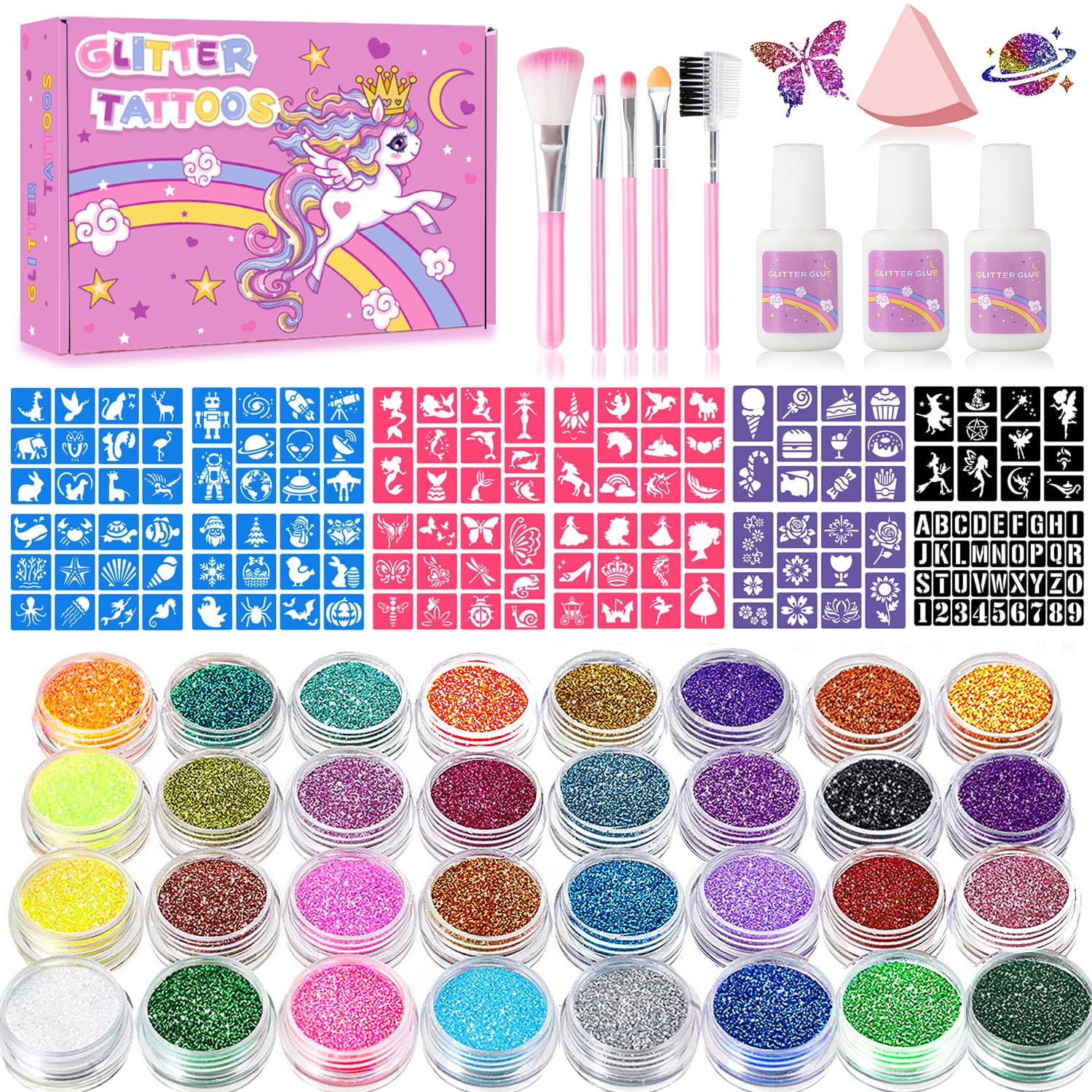 XiQiDianr temporary glitter tattoos kit with 32 colors for bright party looks