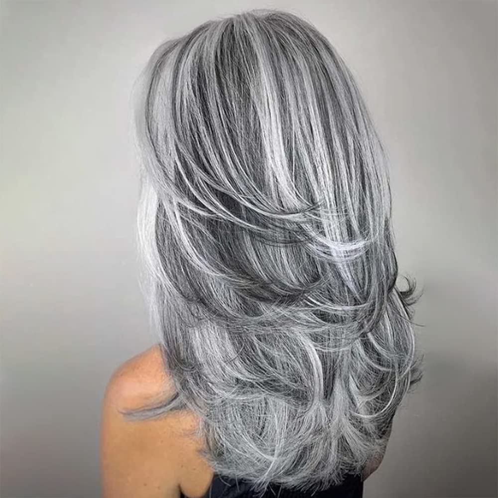 XIUFAXIRUSI long layered wavy wig in silver grey for versatile daily styling.