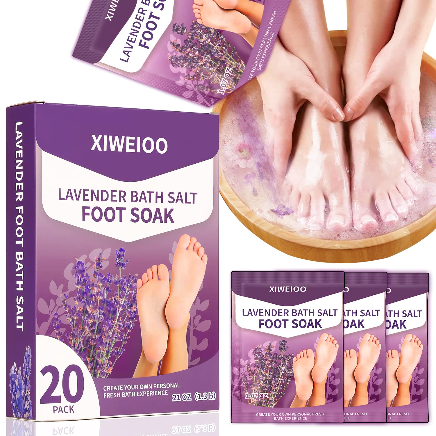 XIWEIOO Foot Soak Salts packets neatly arranged for easy, hygienic pedicure sessions.