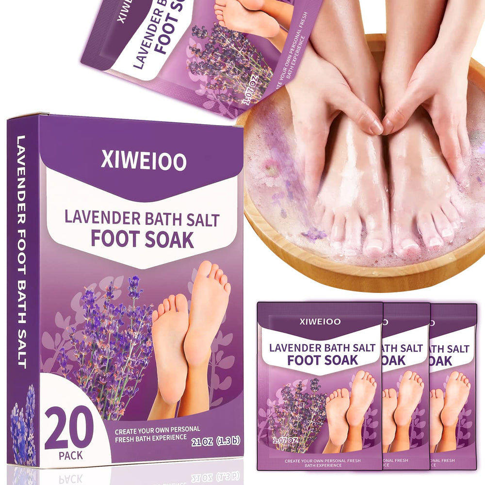 XIWEIOO Foot Soak Salts packets neatly arranged for easy, hygienic pedicure sessions.