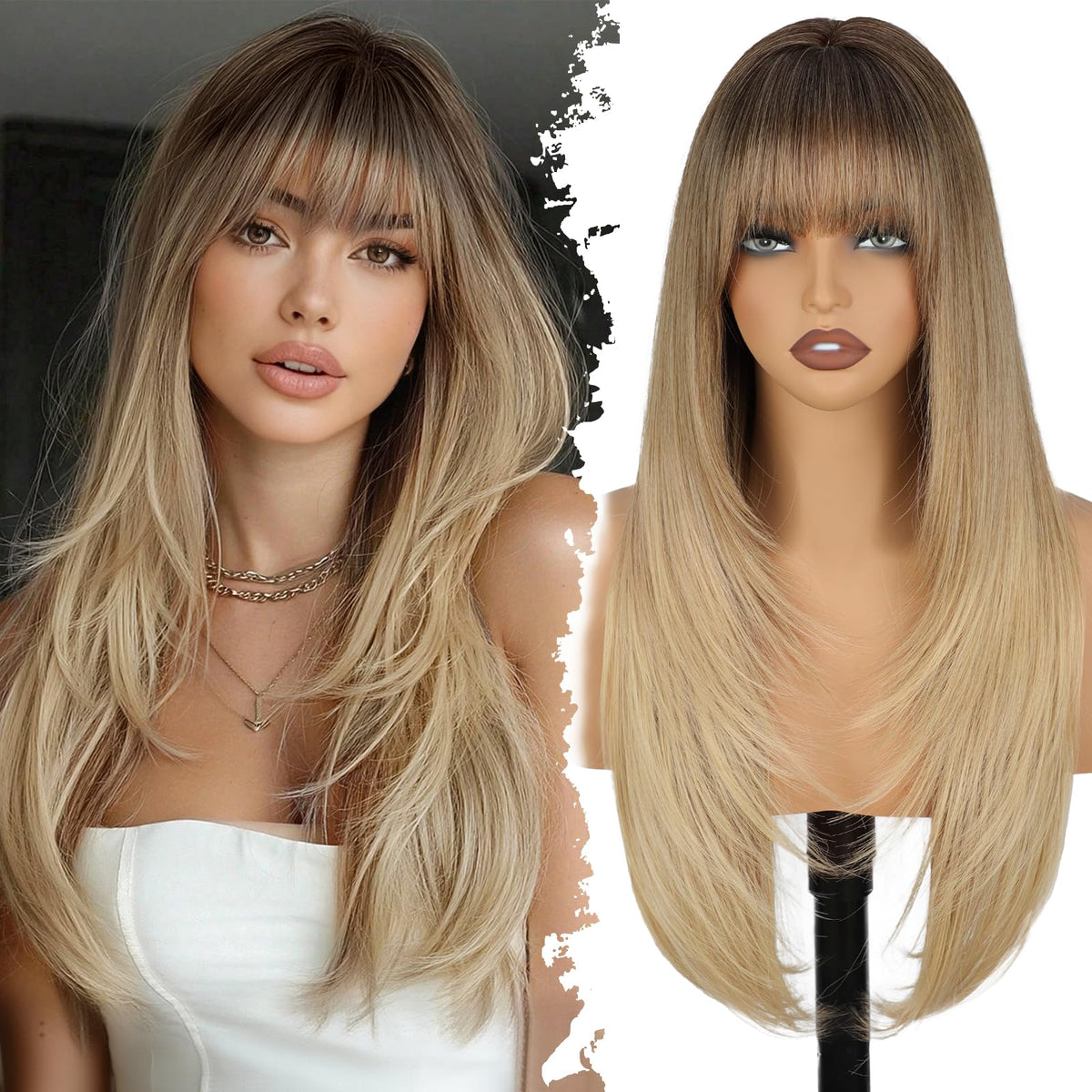 XIXIBI blonde wig with bangs shows 4x4 scalp for natural daily parting