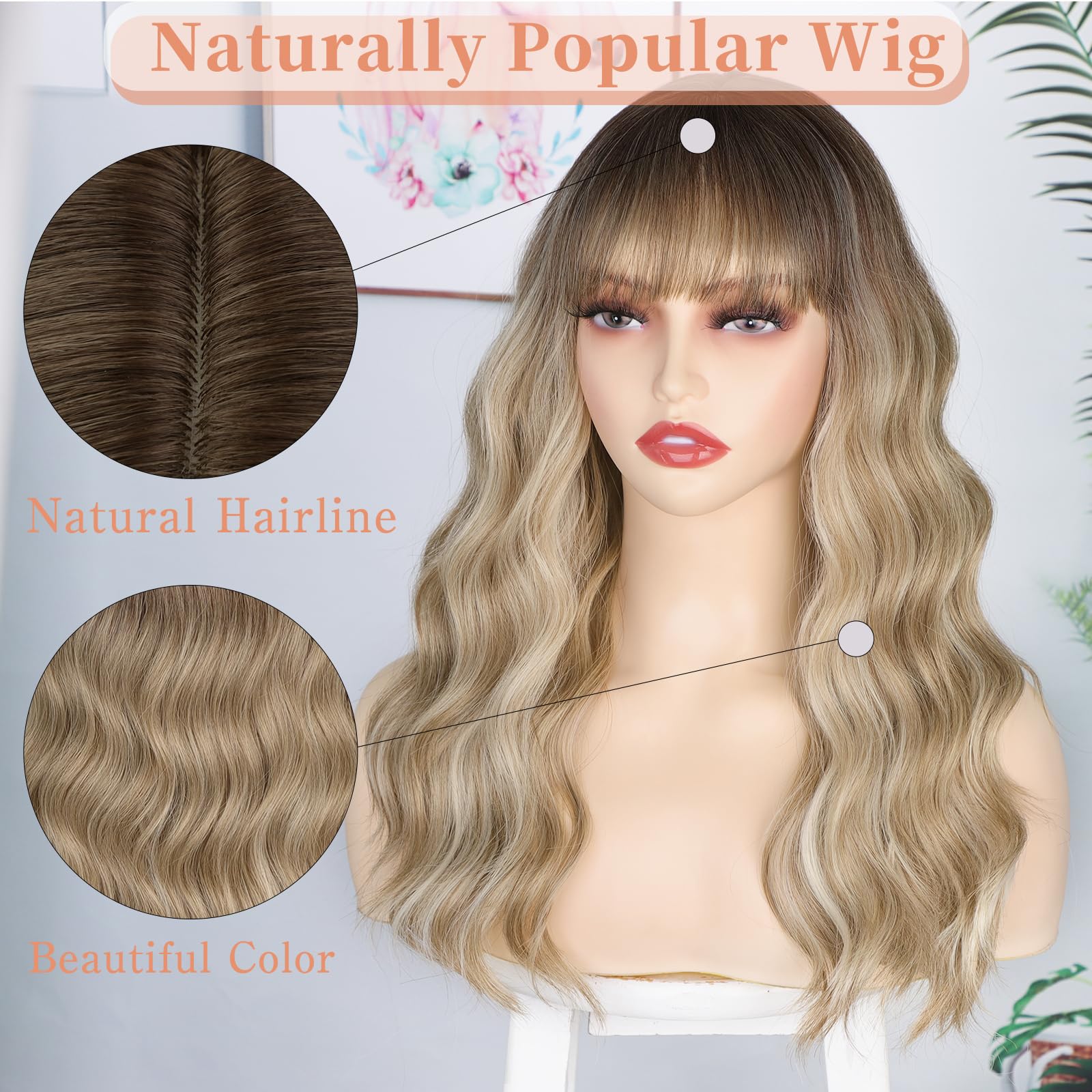 XIXIBI Blonde Wig with Bangs close-up reveals realistic bangs and soft texture for daily wear.