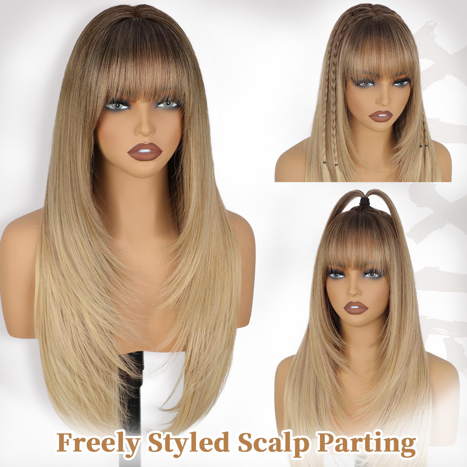 XIXIBI blonde wig free part crown enables versatile side or middle parting