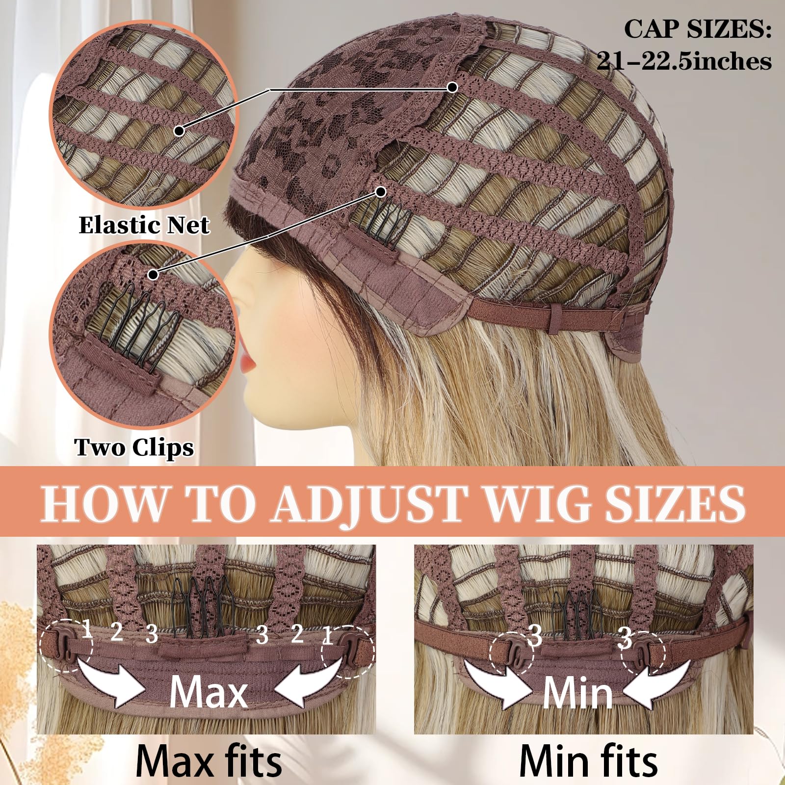 XIXIBI Wig adjustable cap close-up reveals secure, breathable comfort for different heads.