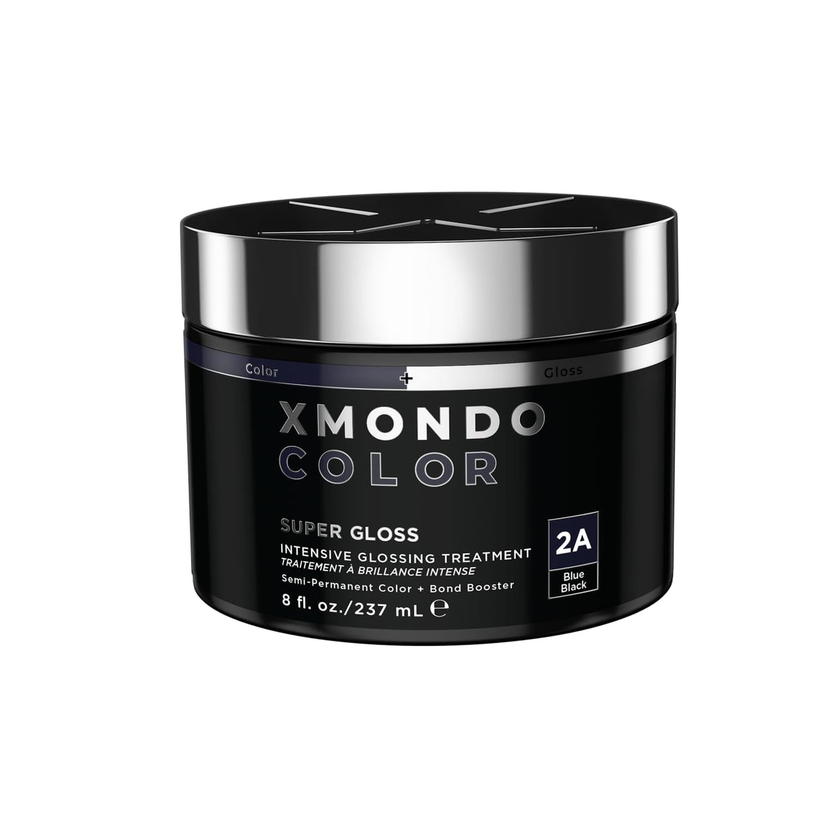 XMONDO Color Blue Black color-depositing mask shows vibrant gloss on hair.