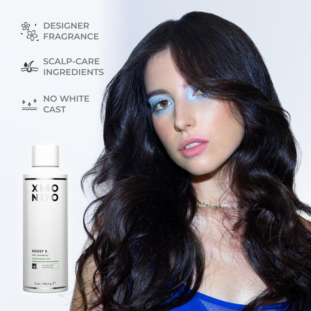 XMONDO Hair BOOST X Dry Shampoo spray cap demonstrates instant oil absorption.