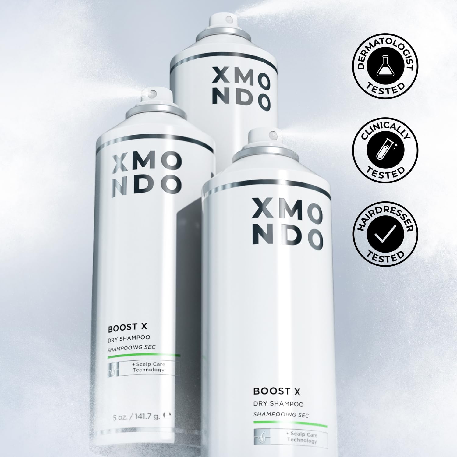 XMONDO Hair BOOST X Dry Shampoo texture appears lightweight and residue-free.