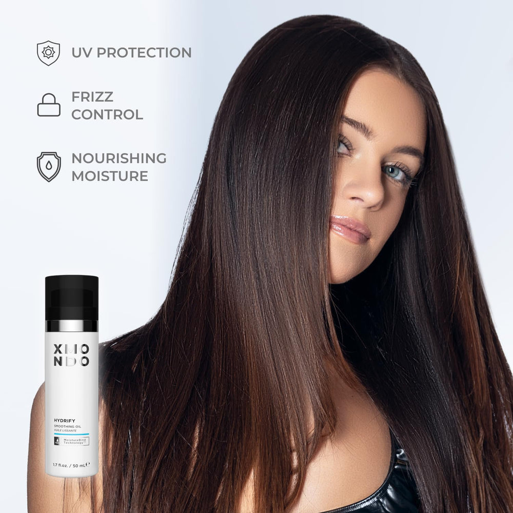 XMONDO Hair Hydrify Oil amber glass bottle signals vegan nourishment and premium feel.