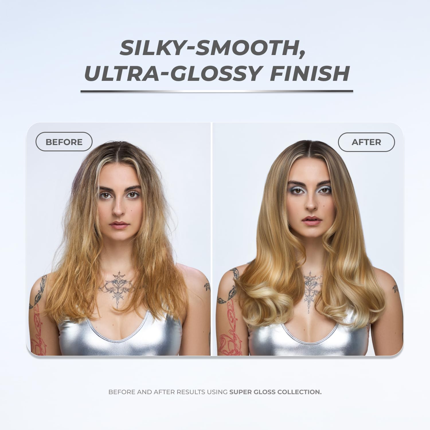 XMONDO Hair Super Gloss mist spray demonstrates even application for detangled hair.