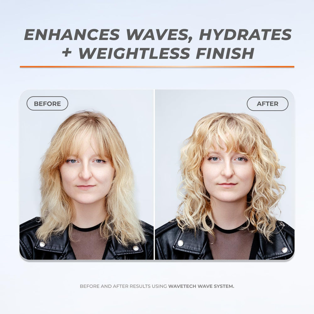 XMONDO Hair Wavetech Hydrating Wave Cream on hair displays defined waves with natural movement.