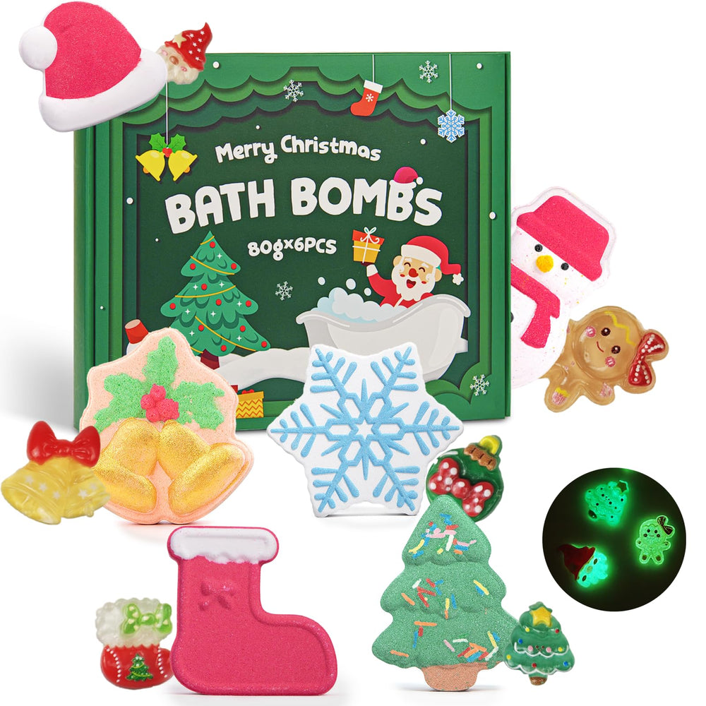 XmtJXn gift box featuring six festive bath bombs with hidden toys for joyful holiday baths.