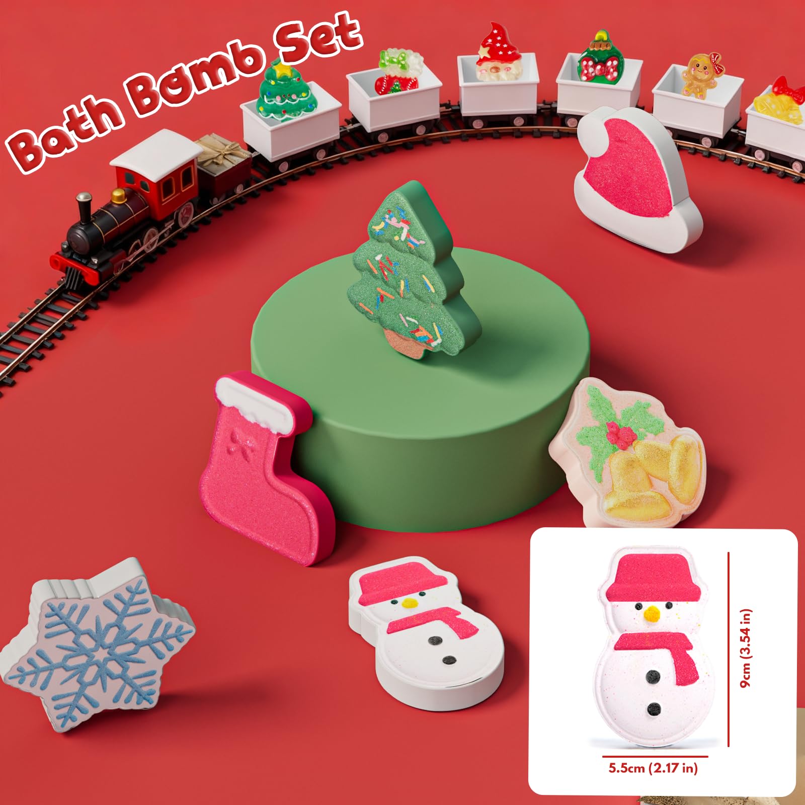 XmtJXn christmas-tree bath bomb releases eucalyptus scent and a hidden toy for refreshing soak.
