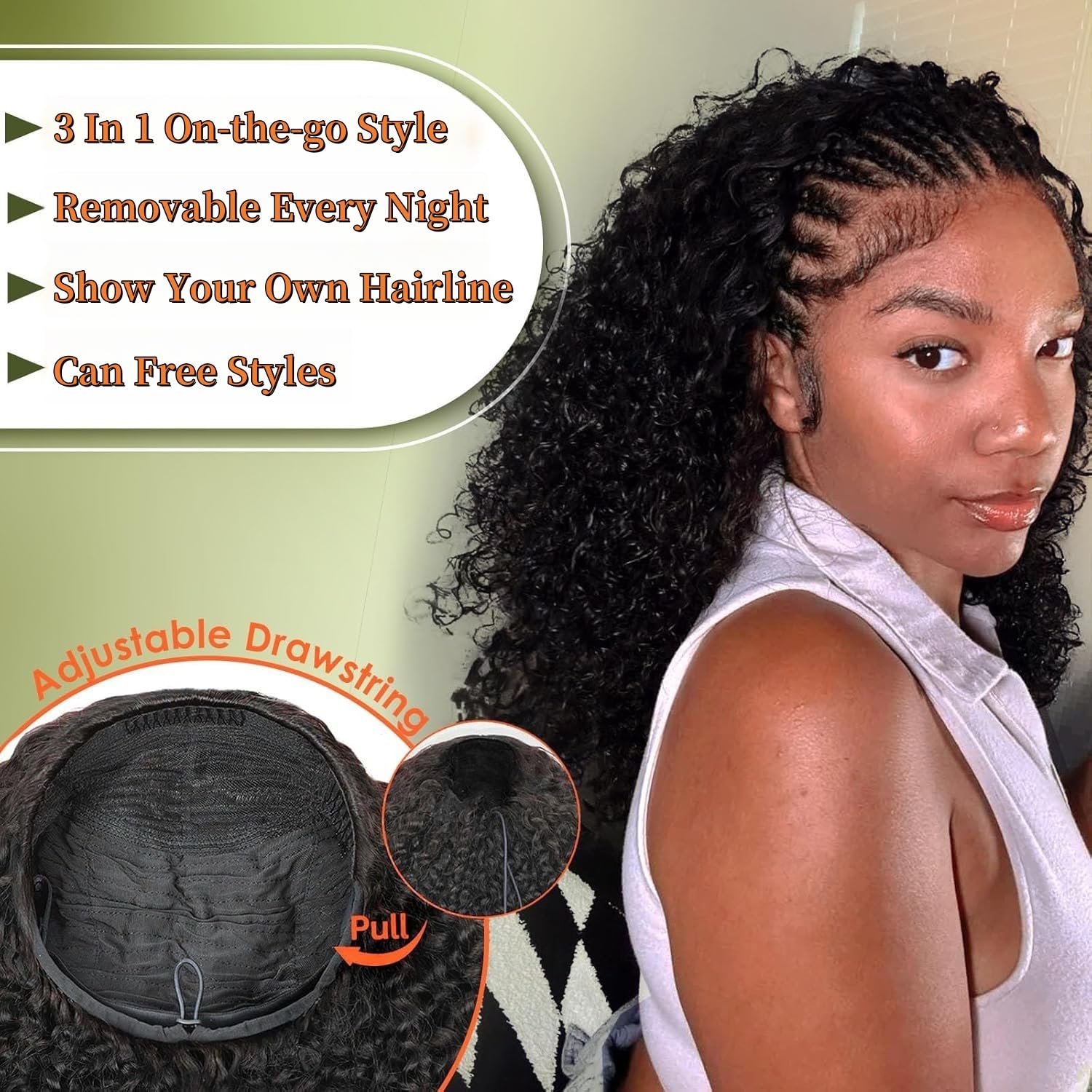 XNAIRA half wig drawstring cap shows glue-free, scalp-friendly installation.