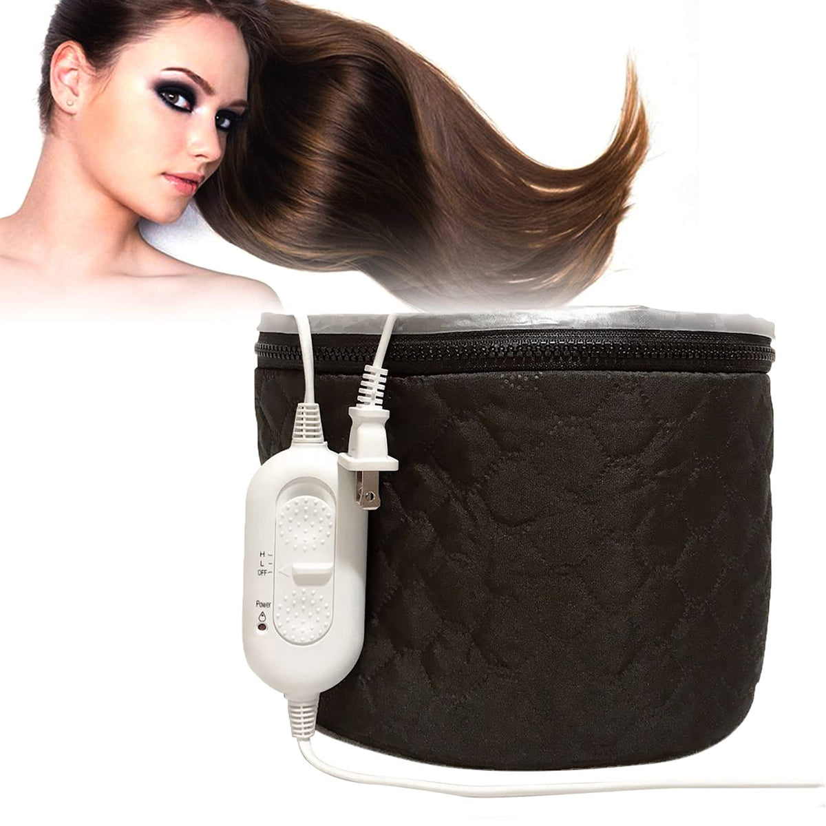 XNX hair cap front view in black designed for at-home spa heat therapy