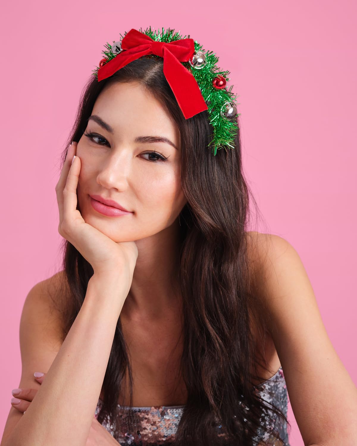 xo, Fetti headband close-up showing silver jingle balls and foil details