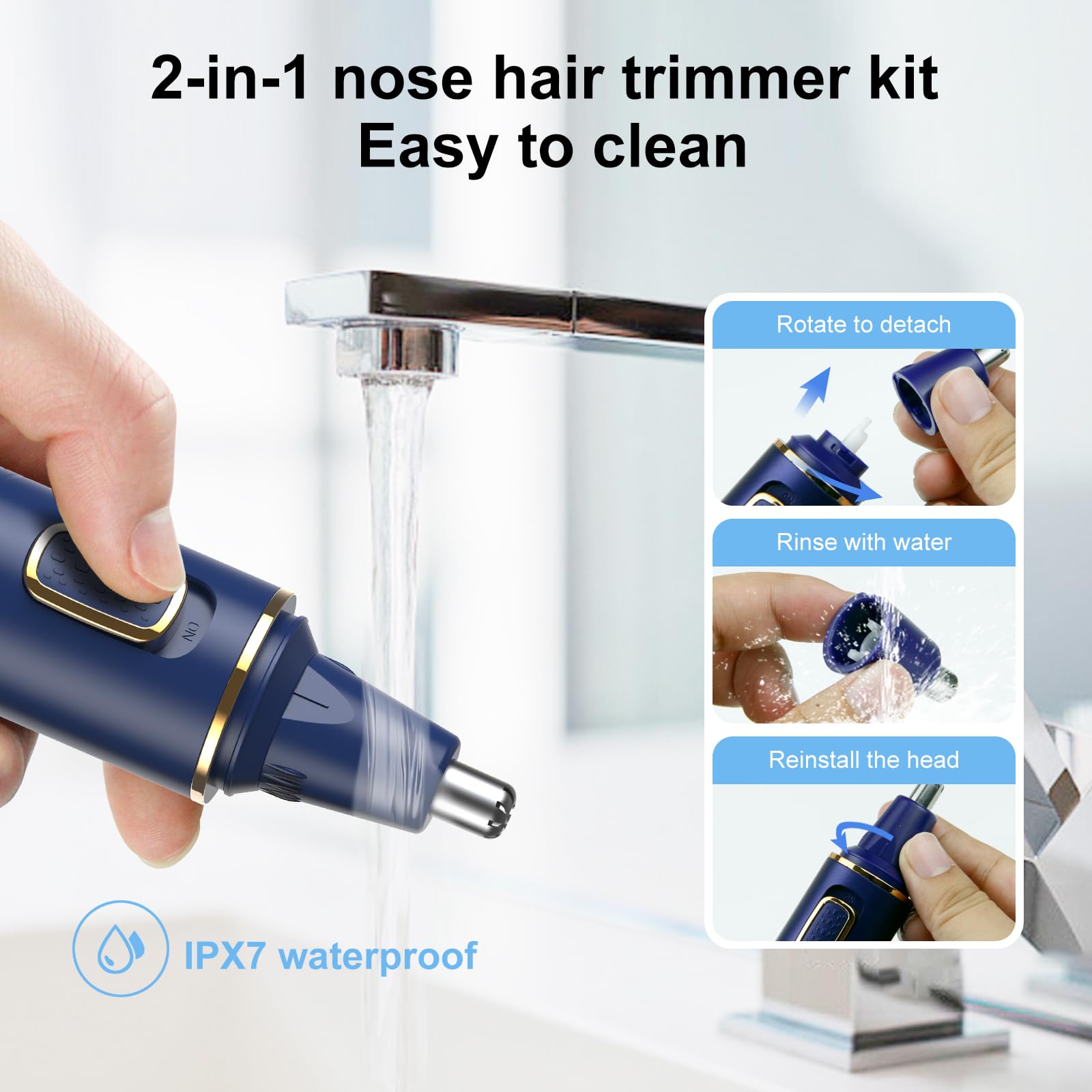 XOOMRSCP nose trimmer blue waterproof for shower-safe grooming.