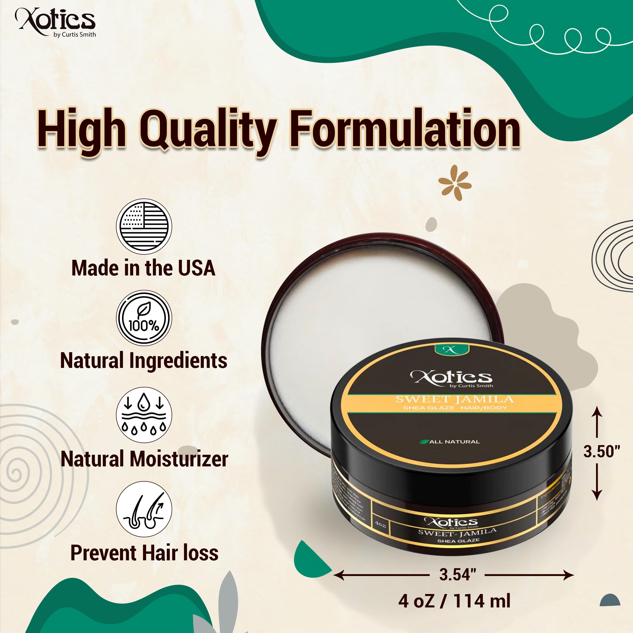 Xotics by Curtis Smith Sweet Jamila rich shea butter formula suits all hair textures.