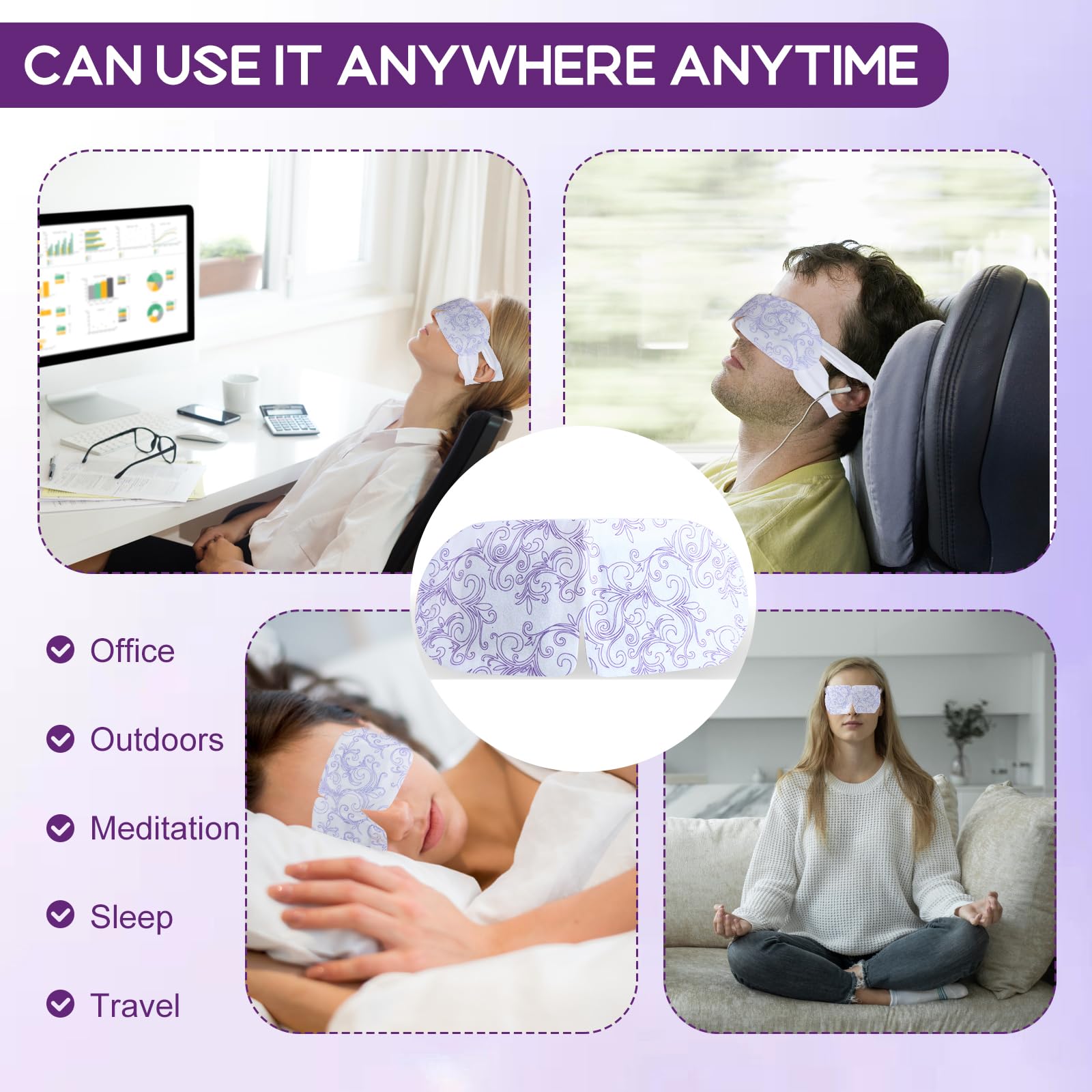 XPCARE 32-pack steam eye masks lavender highlighting bulk value for families.