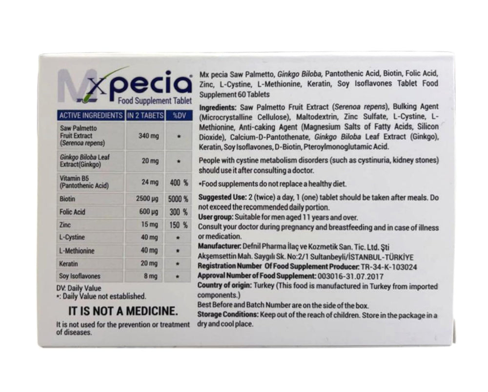 XPECIA for Men DHT blocker tablets label closeup for hair support