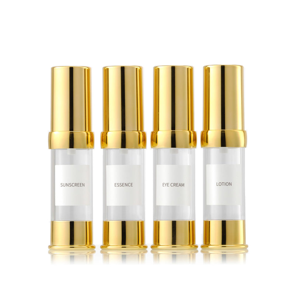 XQNCBY Gold 15ML airless pump bottle front view, compact travel companion for on-the-go skincare.