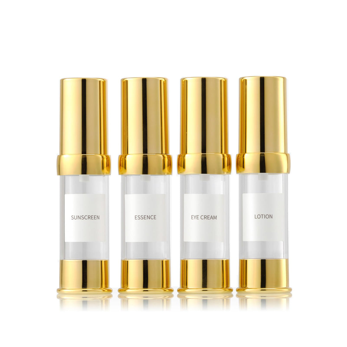 XQNCBY Gold 15ML airless pump bottle front view, compact travel companion for on-the-go skincare.