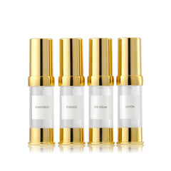XQNCBY Gold 15ML airless pump bottle front view, compact travel companion for on-the-go skincare.