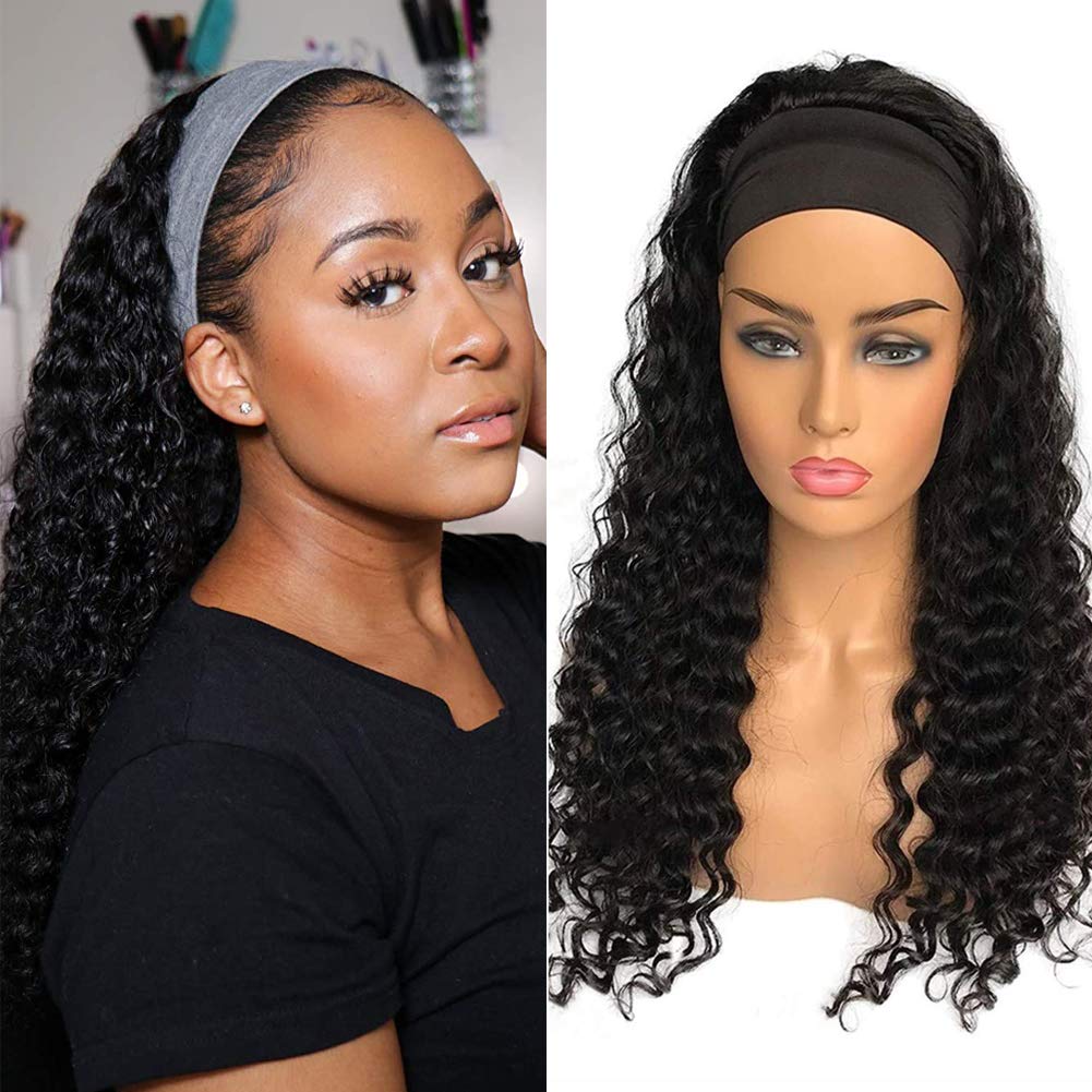 XSY headband wig deep wave 20inch closeup highlights silky Brazilian hair texture