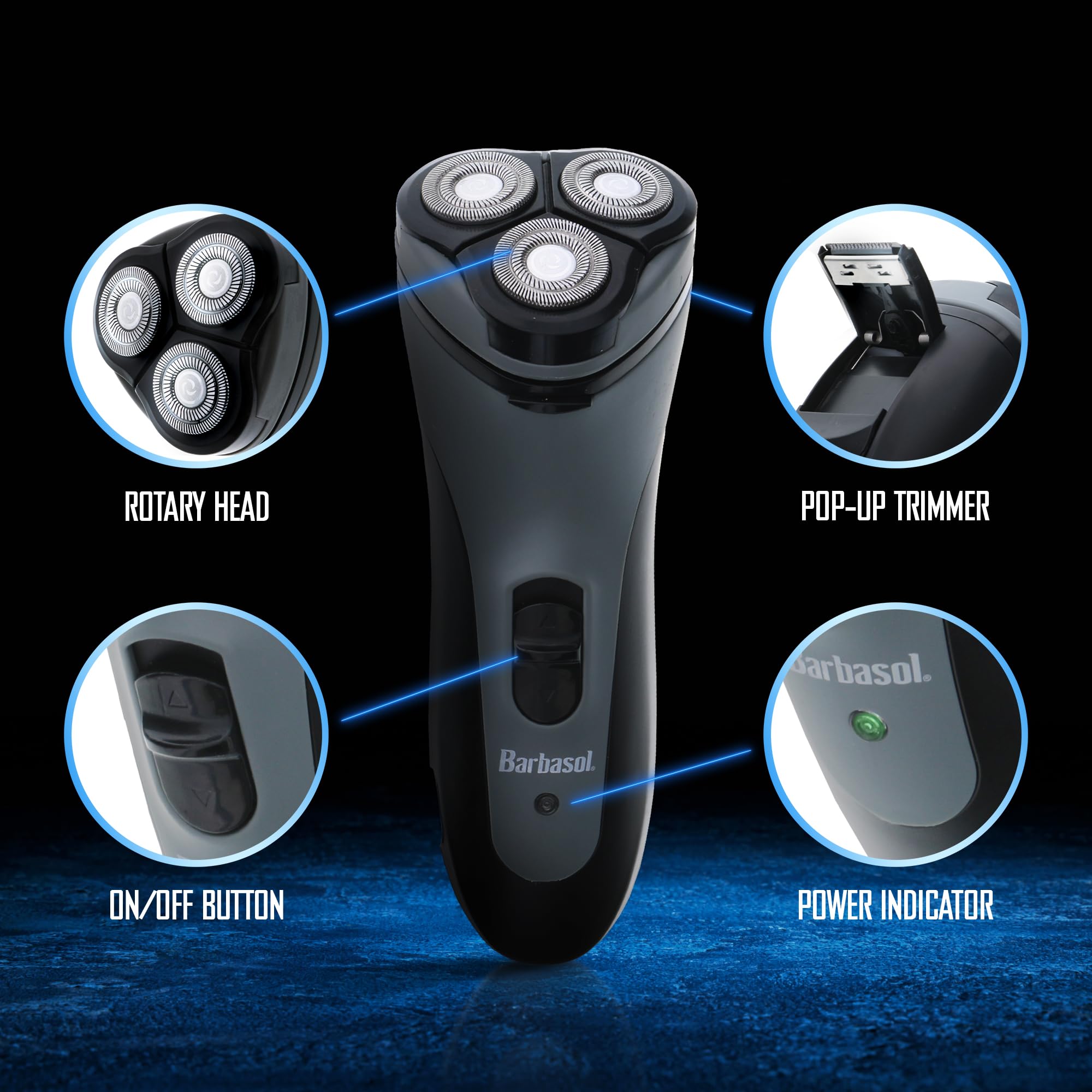 XTREME Barbasol rotary shaver full view showing ergonomic handle for comfortable grip.