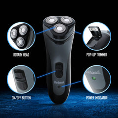 XTREME Barbasol rotary shaver full view showing ergonomic handle for comfortable grip.