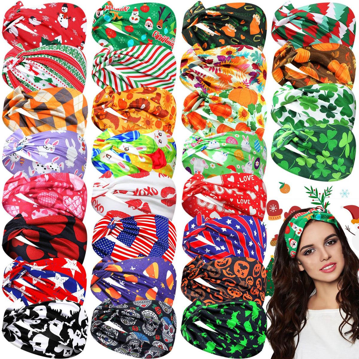XunYee 28-pcs holiday headbands in assorted styles for festive outfits.