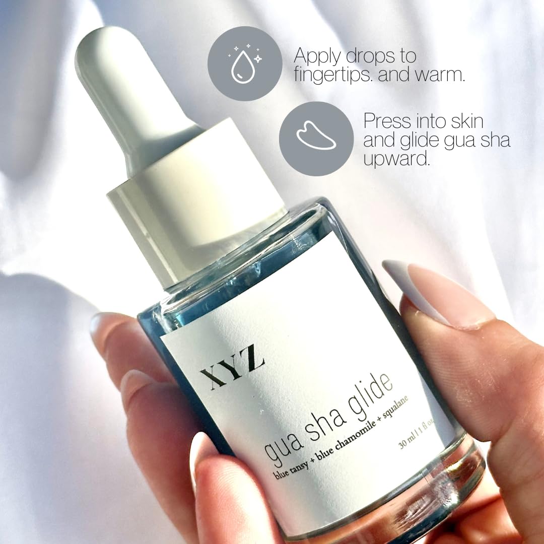 XYZ Skin Gua Sha Glide blue chamomile oil calms redness and scent