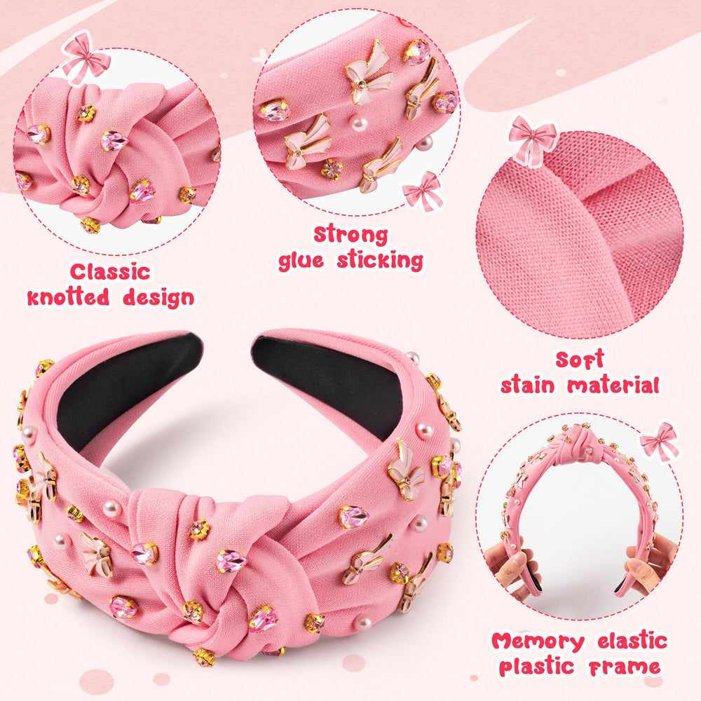 Y1tvei pink bow knotted headband close-up rhinestones and pearls sparkle detail