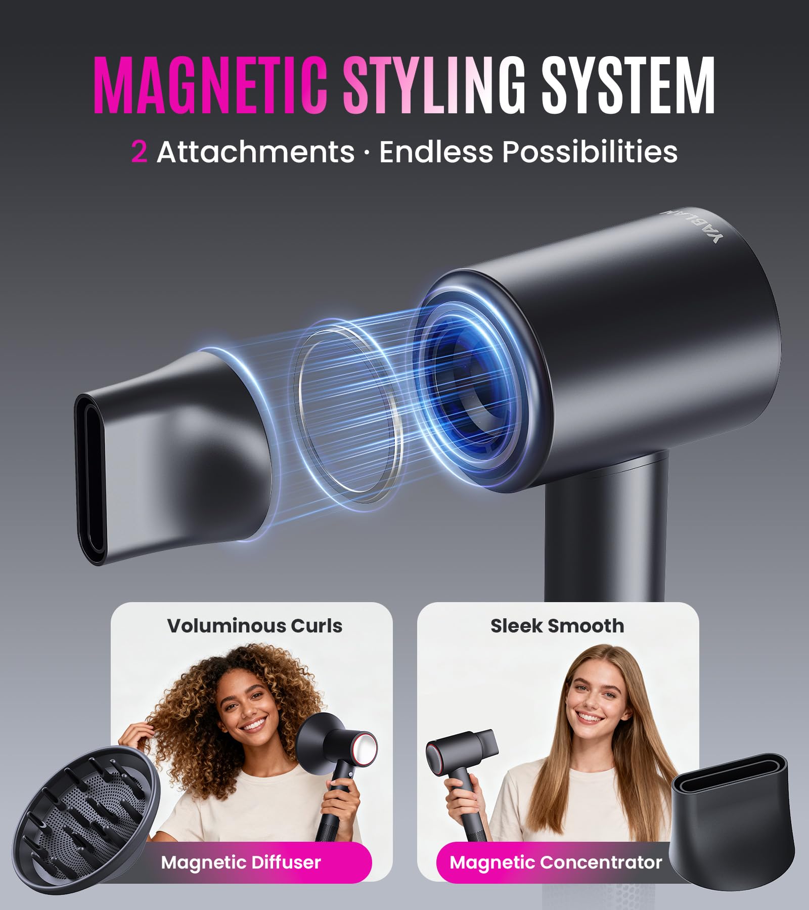 YABLAM magnetic-nozzle-set easy switch for curl or straight styling