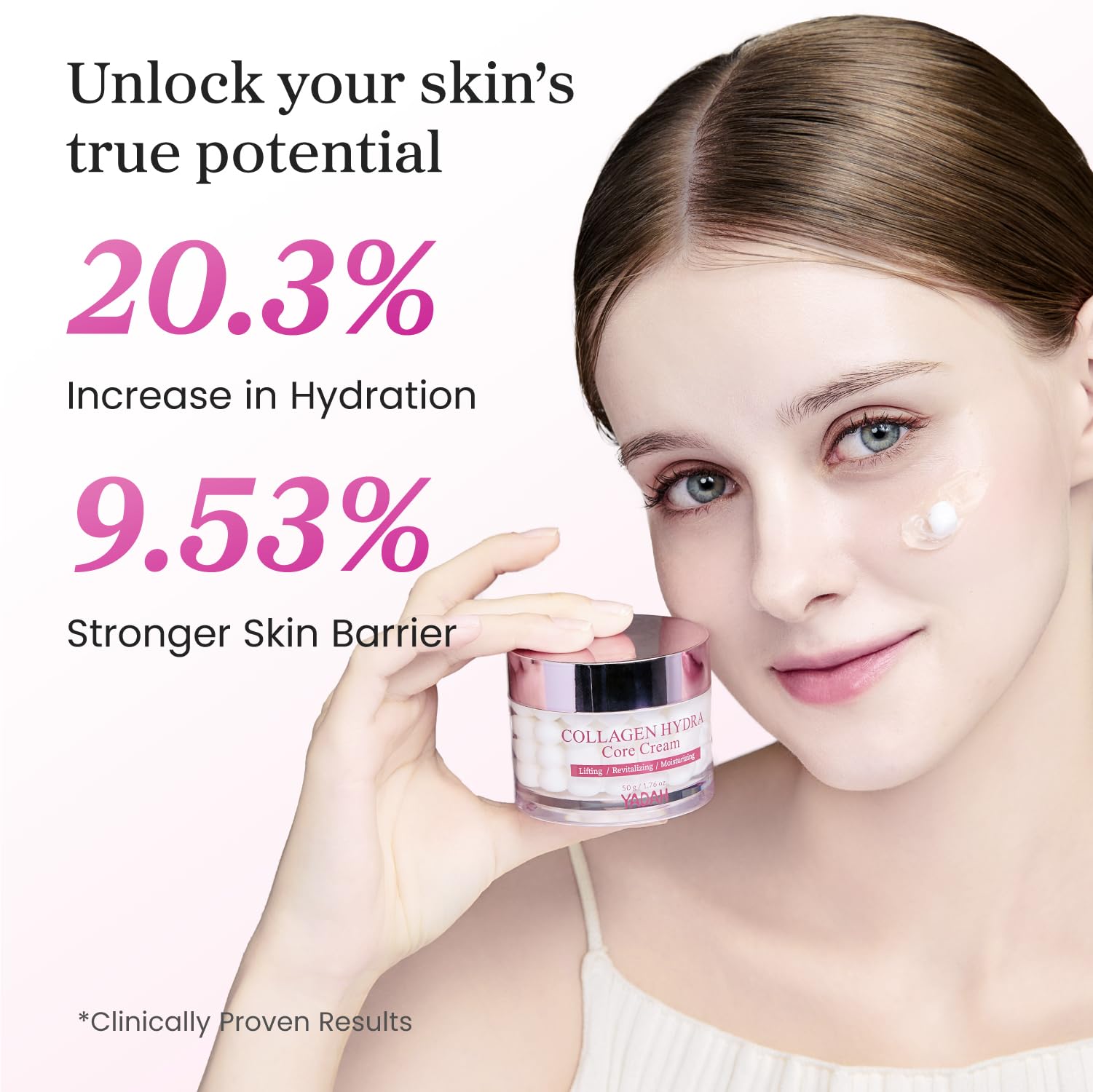 YADAH Collagen Hydra Core Cream finger-dab shows easy absorption for daily use.