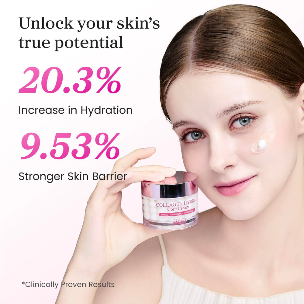 YADAH Collagen Hydra Core Cream finger-dab shows easy absorption for daily use.