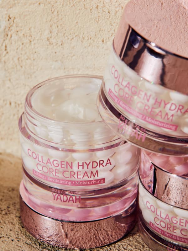 YADAH Collagen Hydra Core Cream hyaluronic acid bottle emphasizes hydrating system.