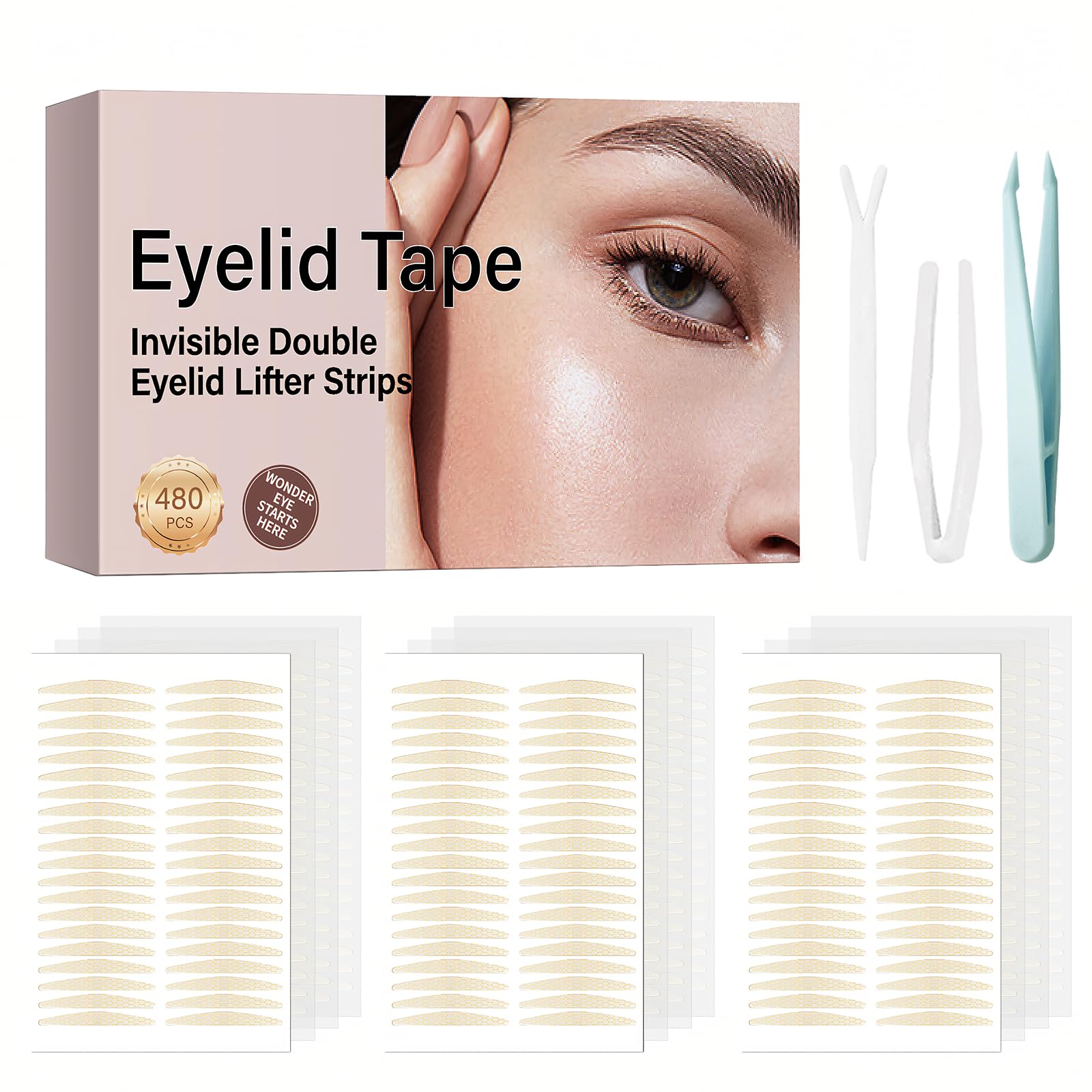 YAGUVI eyelid tape close-up shows slim invisible lifter strip for smooth eyelids.