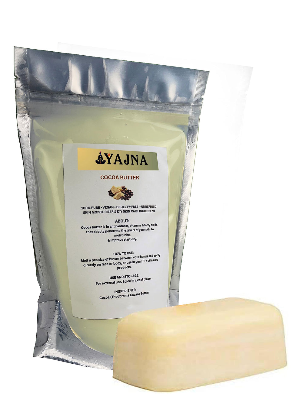 Yajna Ivory white Grade A cocoa butter signals premium quality.