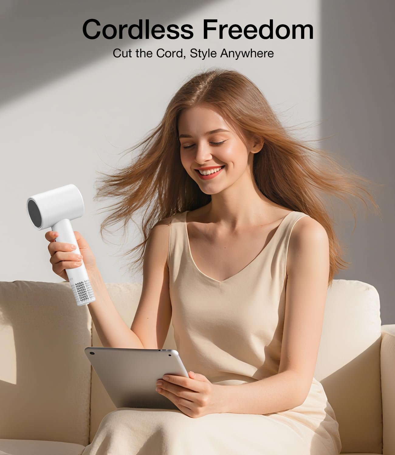 YALICE cordless hair dryer with digital screen shows battery and settings for confident use.