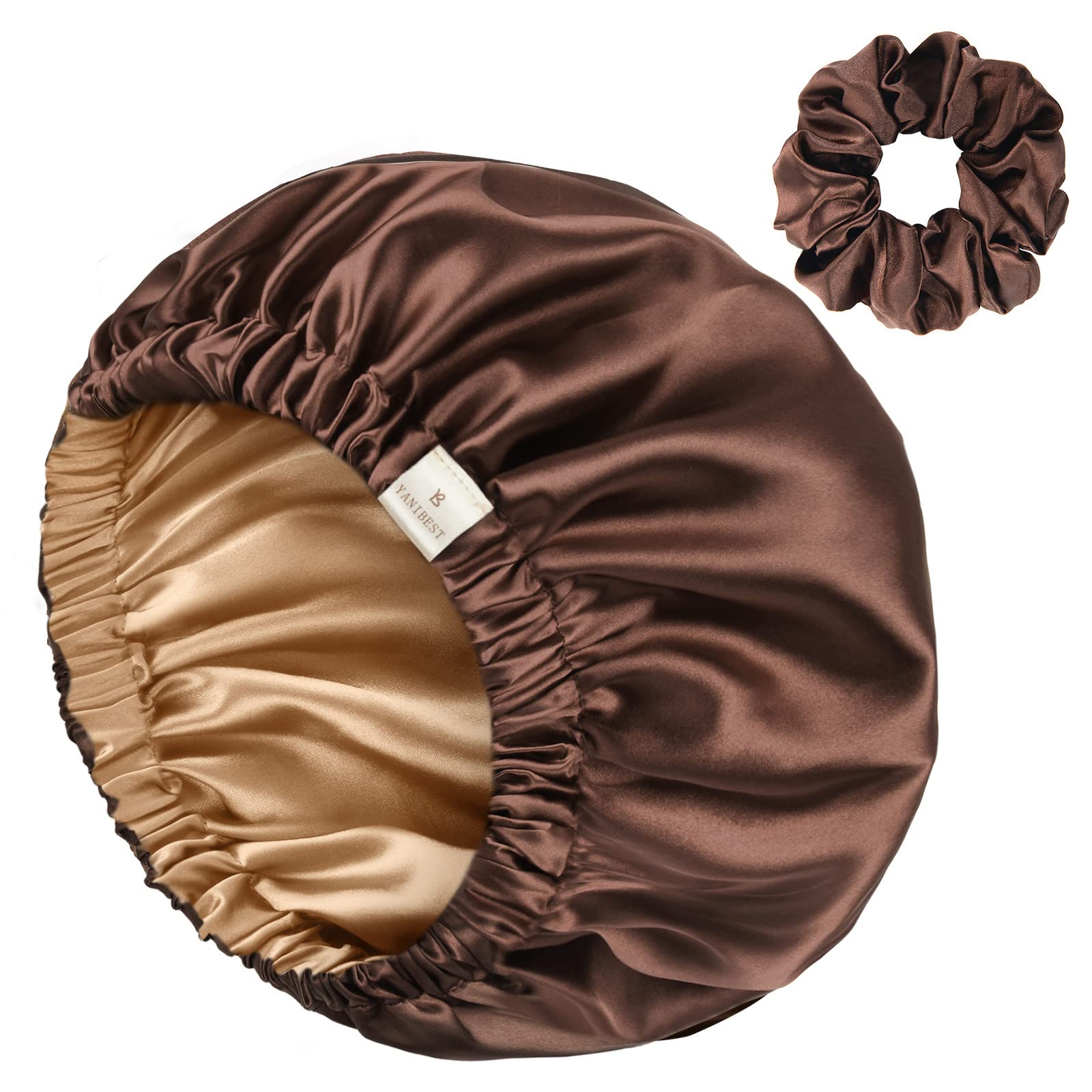 YANIBEST adjustable satin bonnet brown front view for overnight hair protection