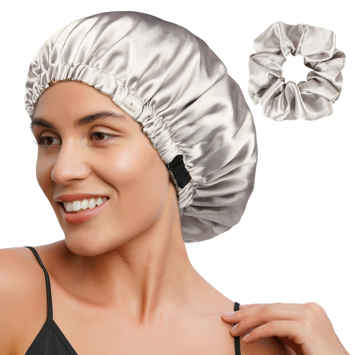 YANIBEST adjustable satin bonnet outer view shows ash grey color and protective fabric.