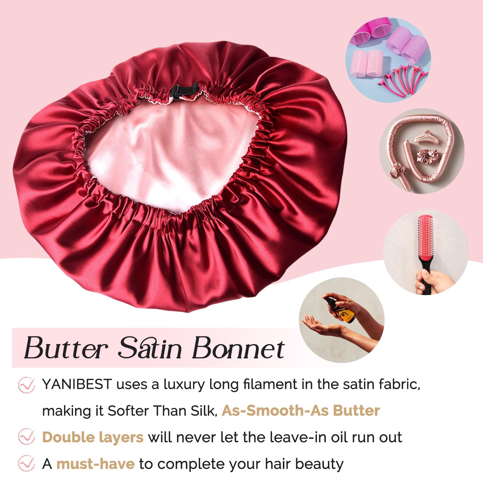 YANIBEST burgundy satin bonnet during makeup removal keeps hair tucked and protected.