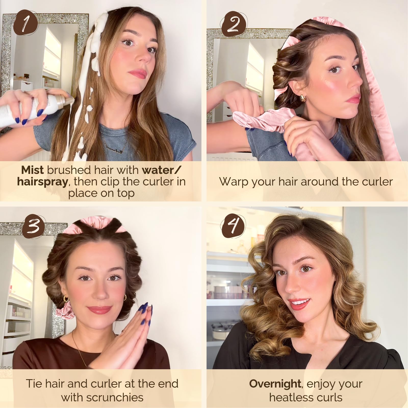 Yanibest curler rolled in hair wrapped, demonstrating heatless styling.