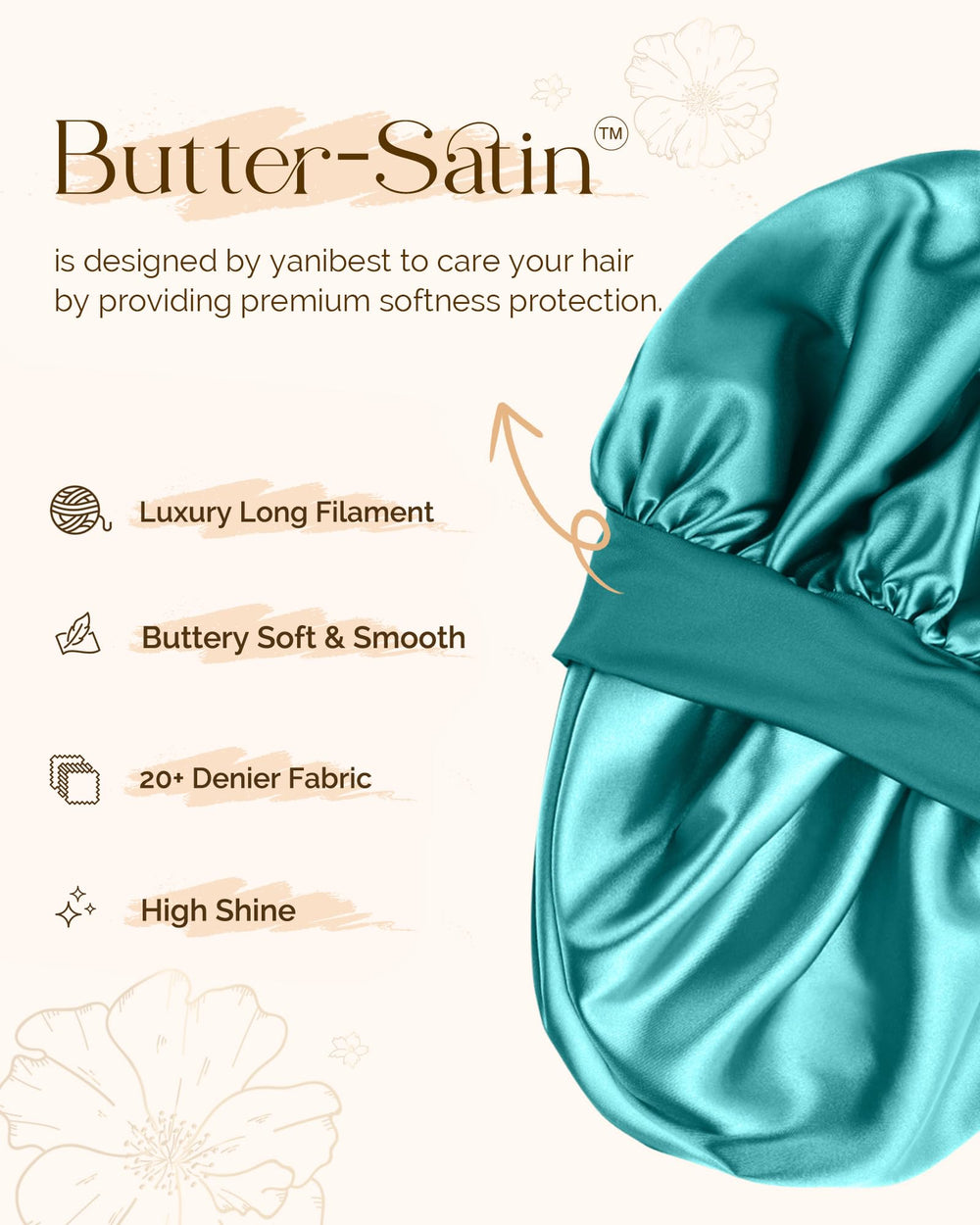 YANIBEST double-layer reversible satin bonnet offers secure coverage and reduces friction.