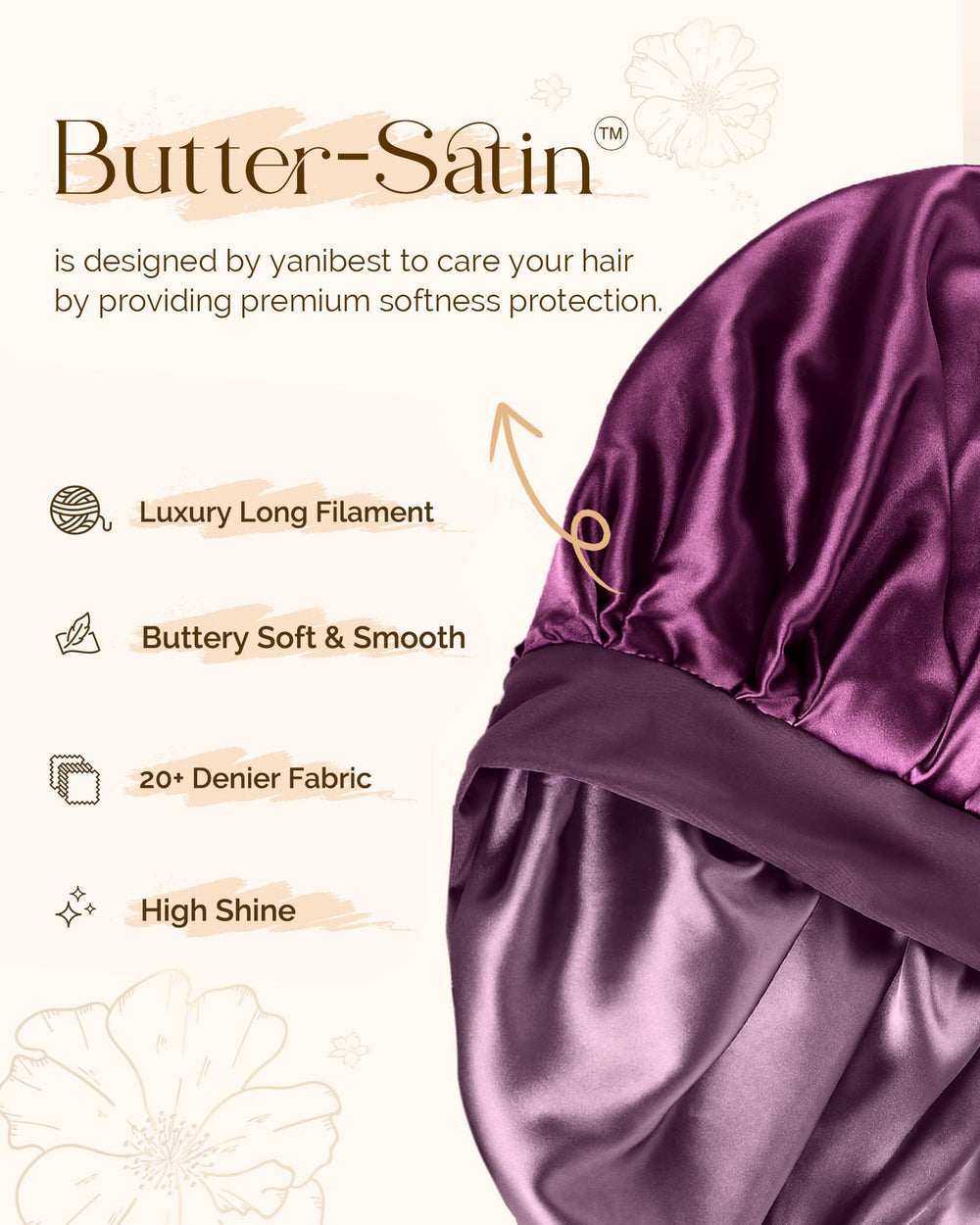 YANIBEST double-layer satin bonnet offers full coverage for overnight protection.