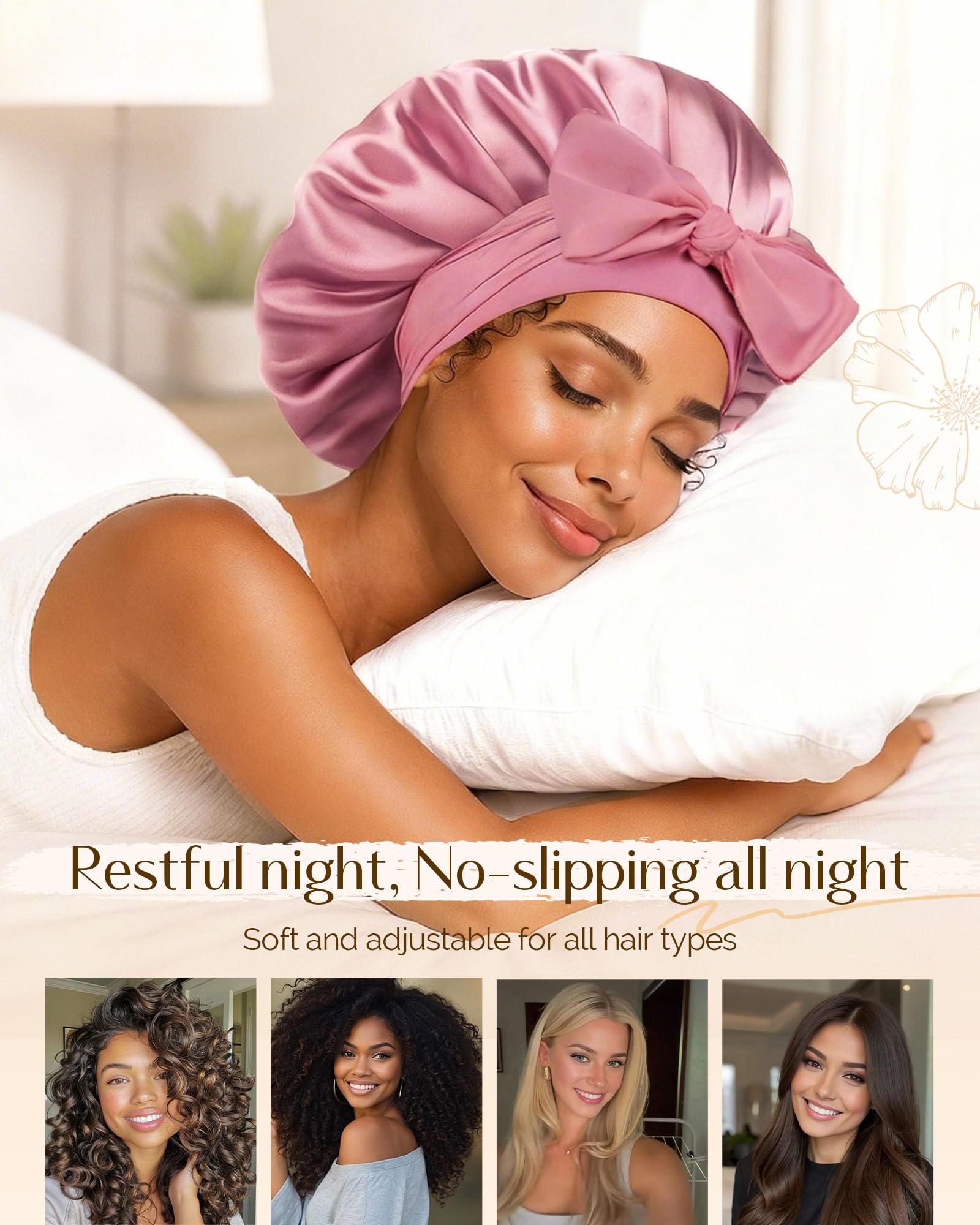 YANIBEST silk bonnet with elastic tie band ensures secure overnight fit